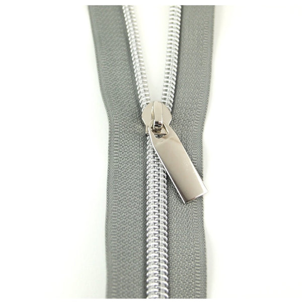 Size 5 Metallic Silver Zipper by the Yard With Silver Coil 3 Yards & 9  Regular donut Zipper Pulls 