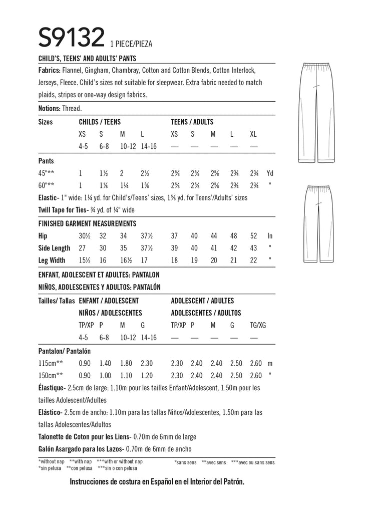 Simplicity Pattern s9132 Unisex Sleepwear Pants Pattern Simplicity