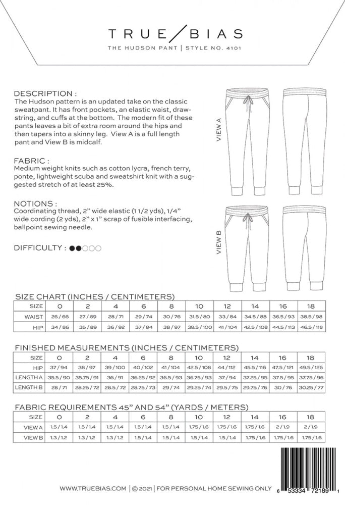 Hudson Joggers Pattern 0-18 Pattern True Bias